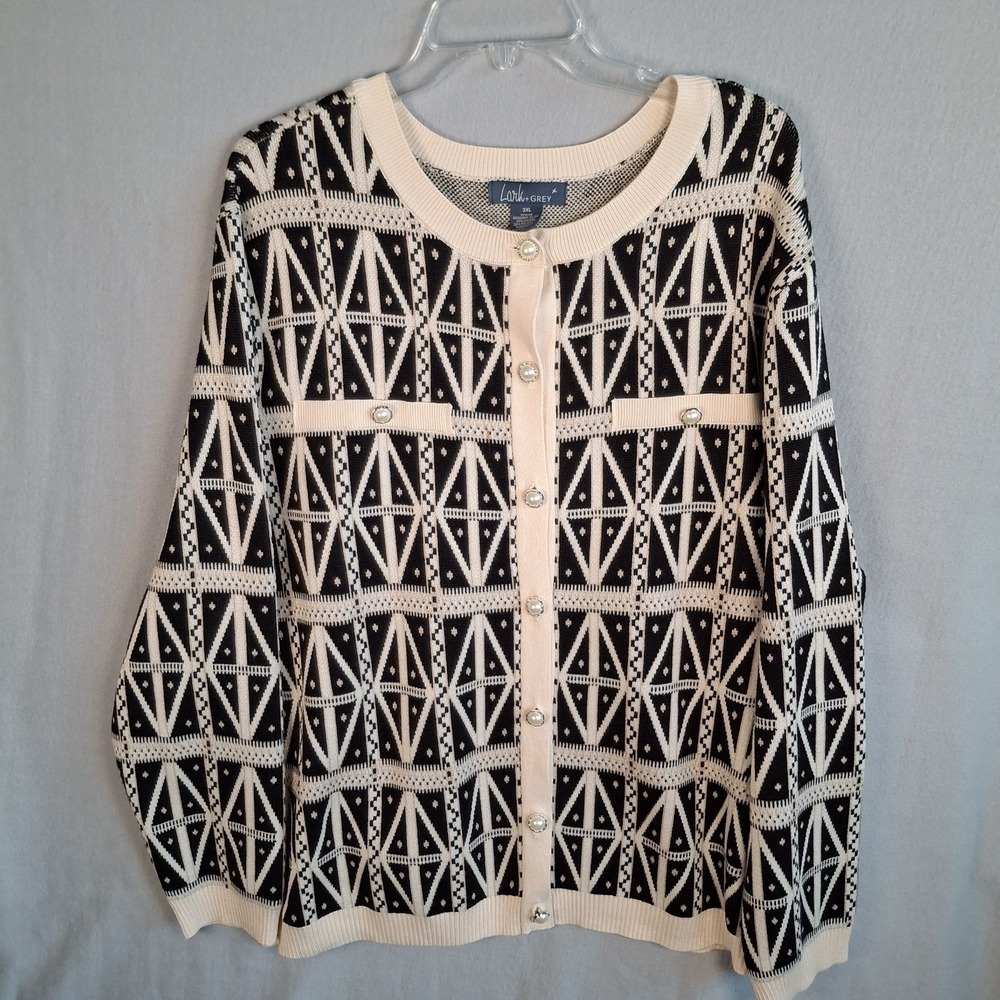 Lark + Grey Cardigan Sweater 3XL Black Cream Geometric Pearl Button Mod Classic